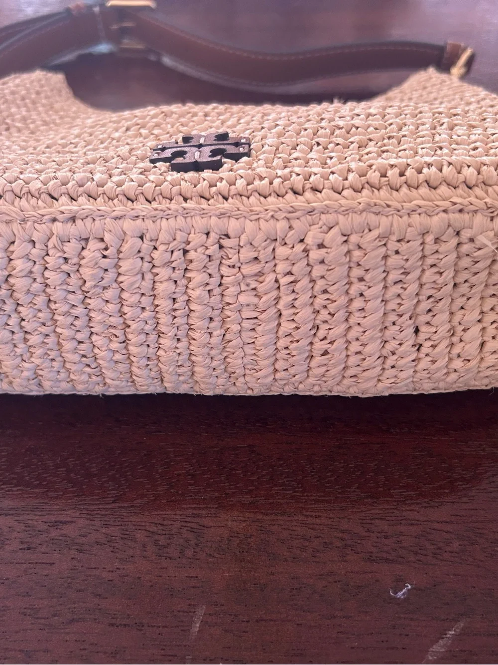 Tory Burch Cream Woven Straw Hobo with Brown Leather Trim